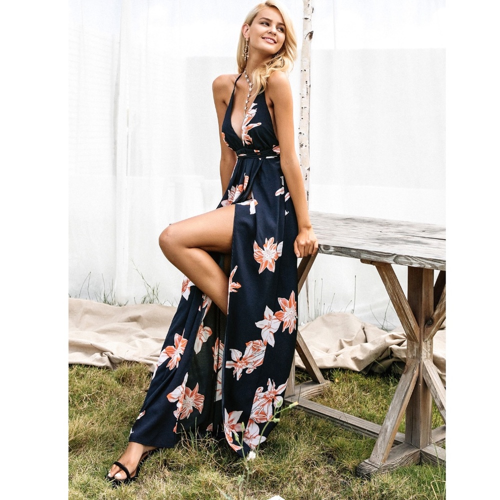 Deep V Backless Strappy Navy Floral Maxi Dress